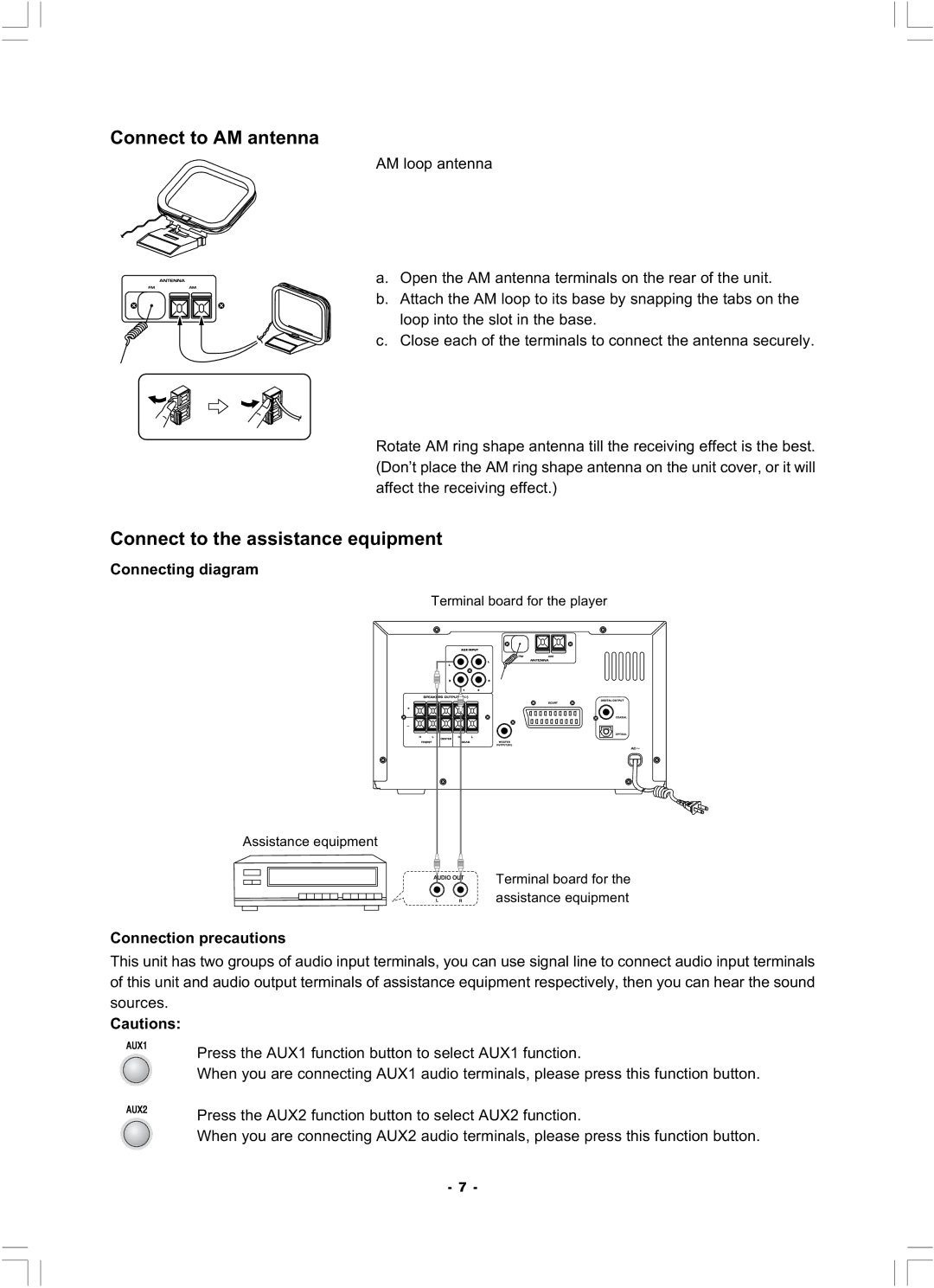 Hyundai H-MS1100 manual Connect to AM antenna, Connect to the assistance equipment 