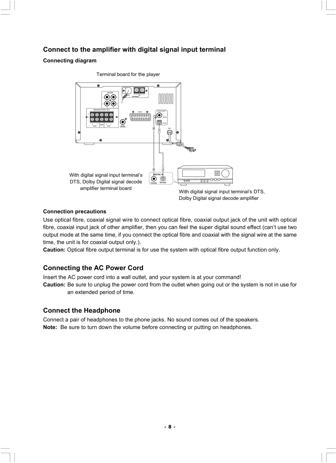 Hyundai H-MS1100 manual Connect to the amplifier with digital signal input terminal, Connecting the AC Power Cord 