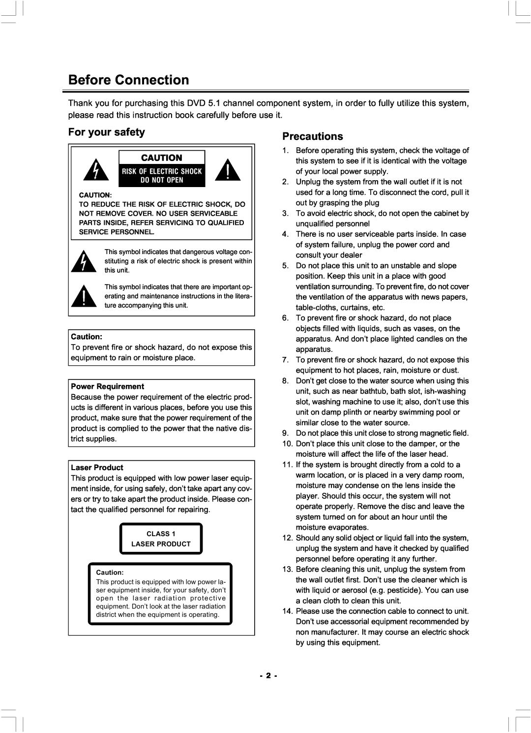 Hyundai H-MS1100 manual Before Connection, For your safety, Precautions 