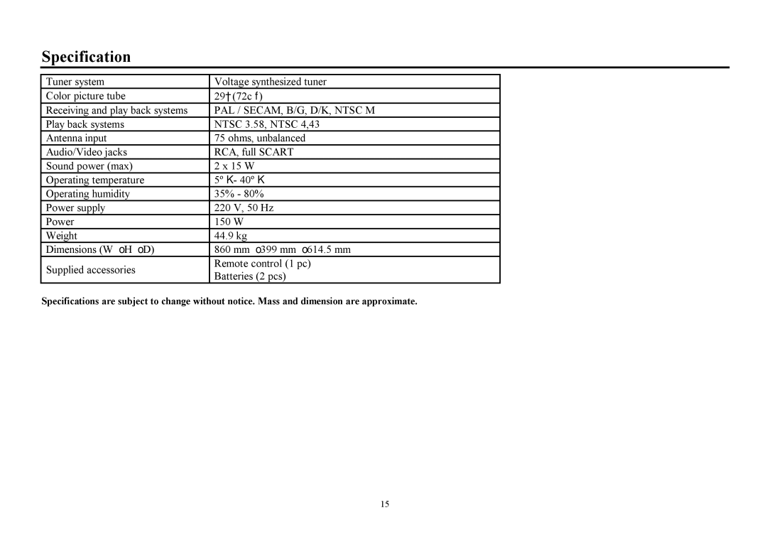 Hyundai H-TV2910SPF instruction manual Specification, PAL / SECAM, B/G, D/K, Ntsc M 