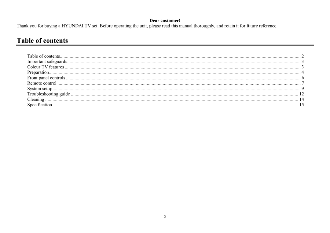 Hyundai H-TV2910SPF instruction manual Table of contents 