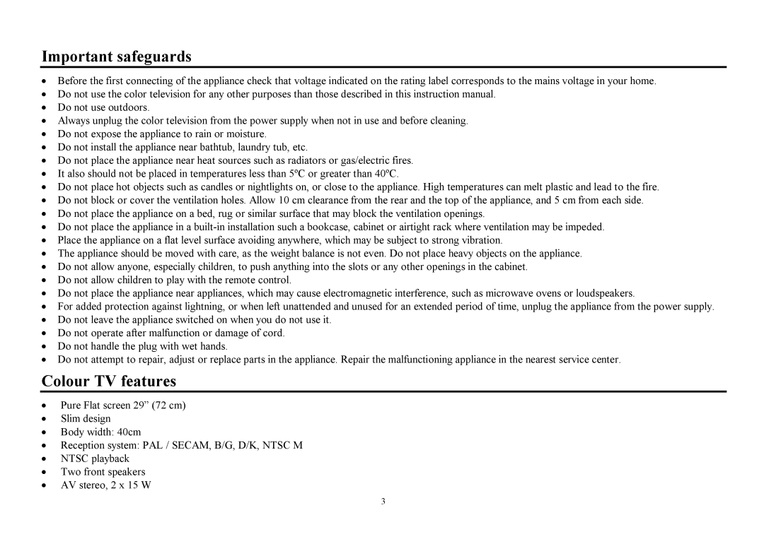 Hyundai H-TV2910SPF instruction manual Important safeguards, Colour TV features 