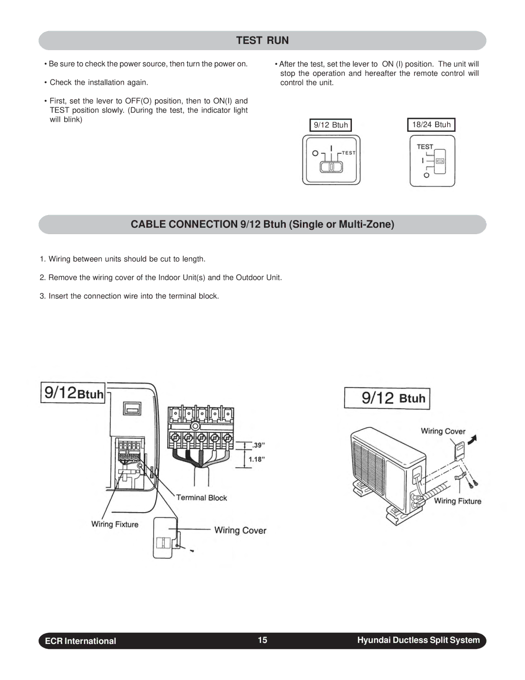 Hyundai HACW18DB - HCCW18DB, HAHW24DB - HCHW24DB Test RUN, Cable Connection 9/12 Btuh Single or Multi-Zone 