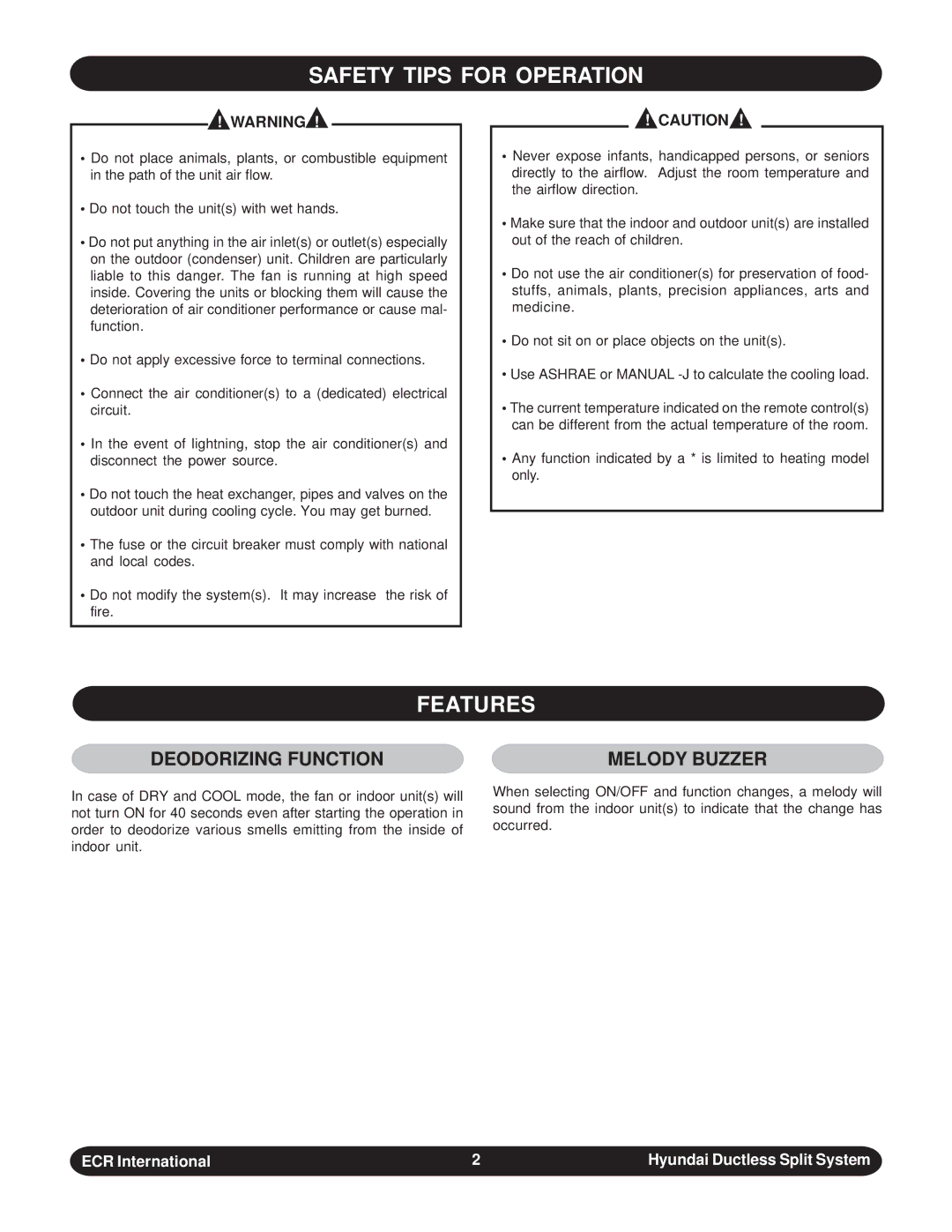 Hyundai HAHW12DB - HCHW12DB, HAHW24DB - HCHW24DB Safety Tips for Operation, Features, Deodorizing Function, Melody Buzzer 