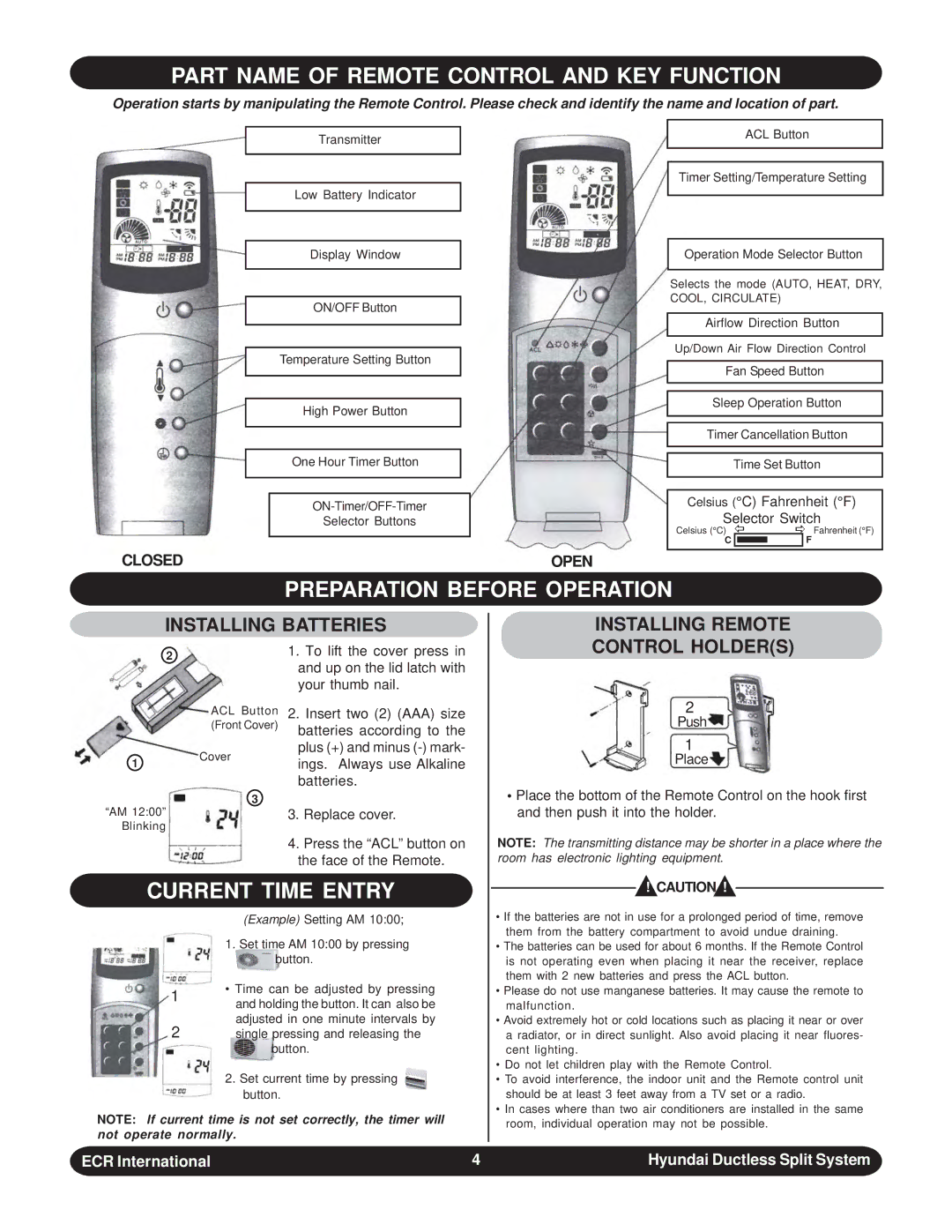 Hyundai HACW18DB - HCCW18DB Part Name of Remote Control and KEY Function, Preparation Before Operation, Current Time Entry 