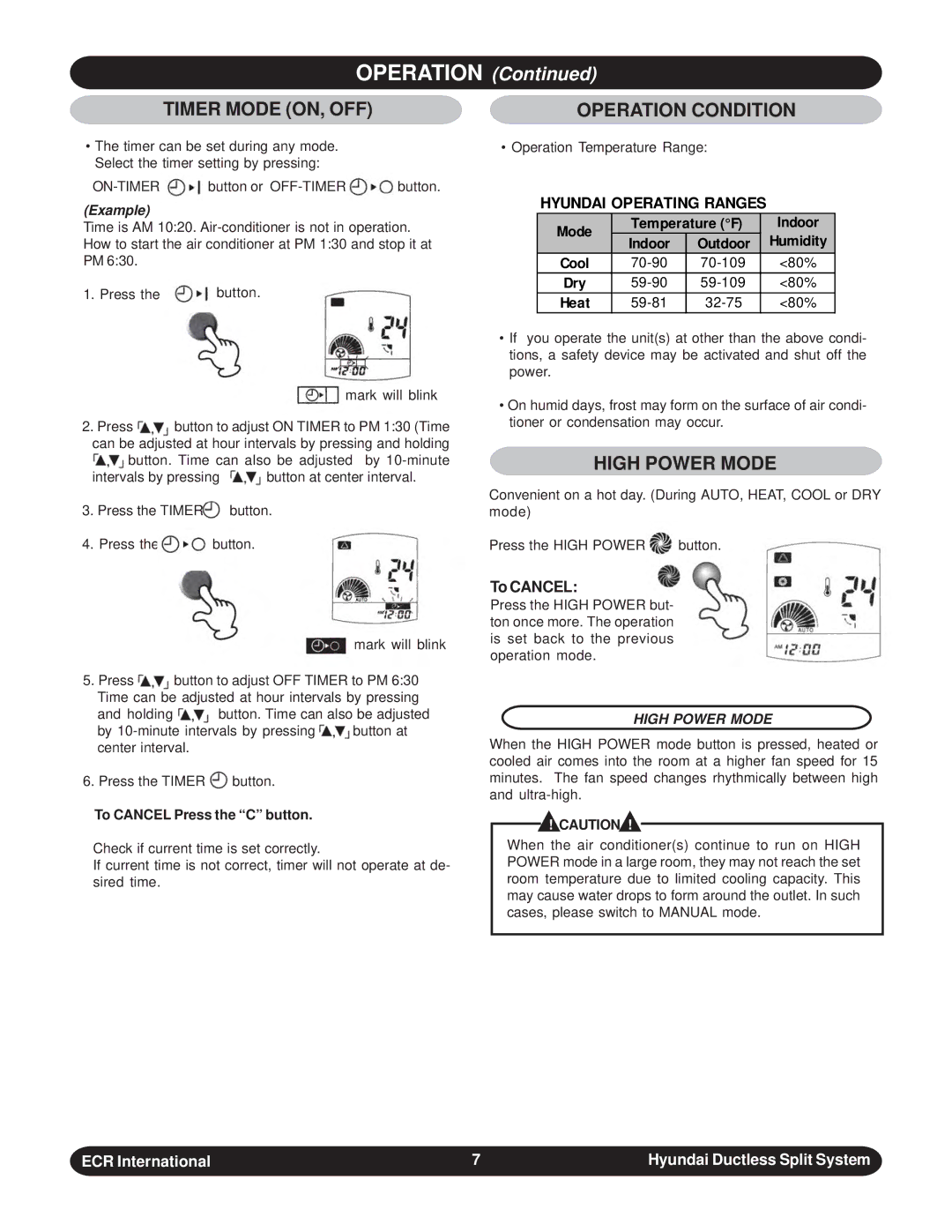 Hyundai HACM09DB - HCCM99DB installation manual Timer Mode ON, OFF, High Power Mode, Example, To Cancel Press the C button 