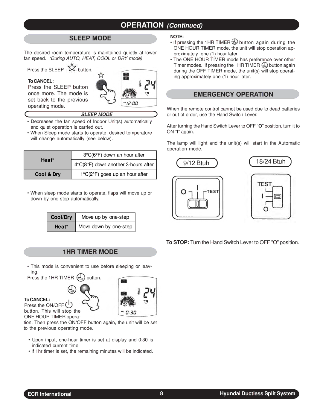 Hyundai HACM12DB - HCCM22DB, HAHW24DB - HCHW24DB, HAHM09DB - HCHM99DB Sleep Mode, Emergency Operation, 1HR Timer Mode 