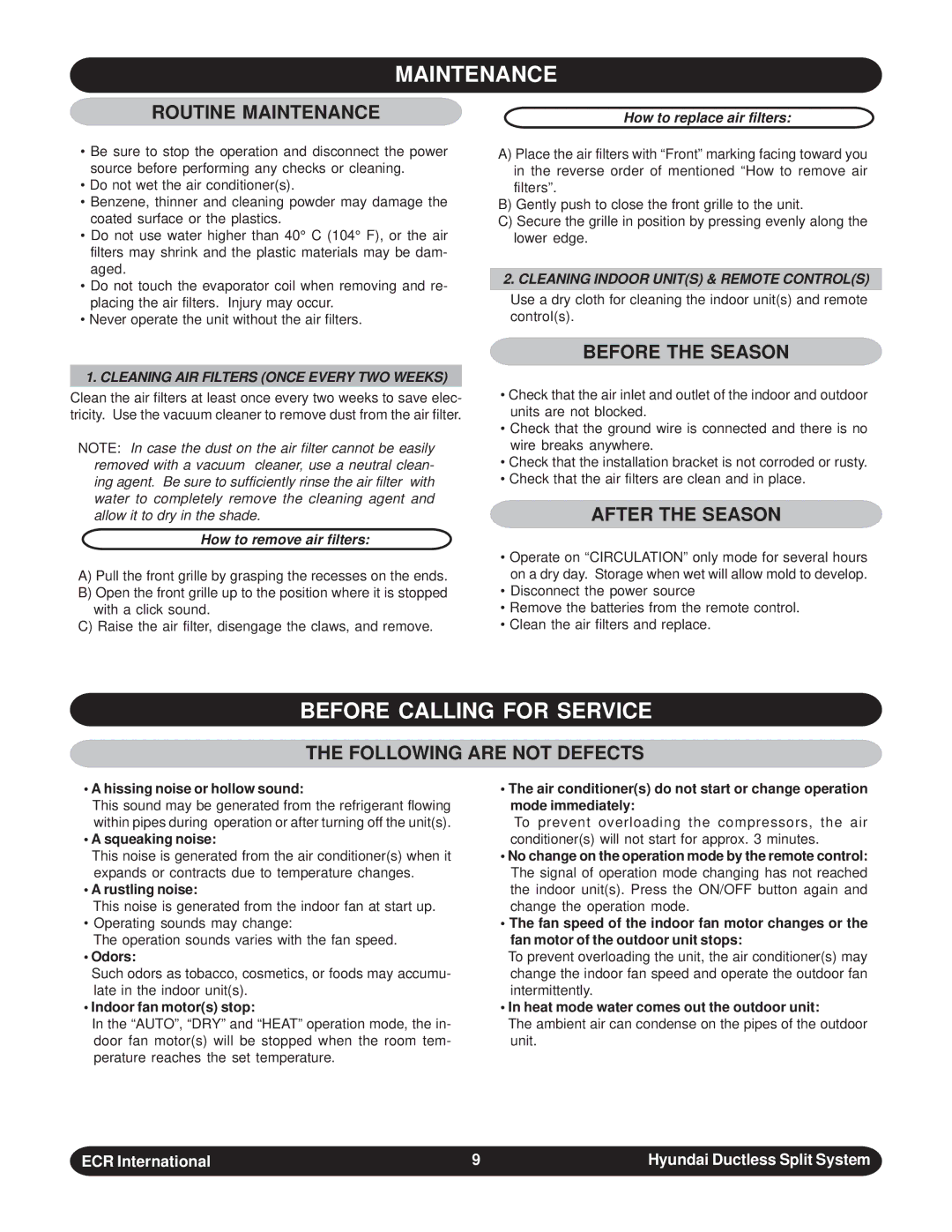 Hyundai HACW09DB - HCCW09DB, HAHW24DB - HCHW24DB, HAHM09DB - HCHM99DB Maintenance, Before Calling for Service 