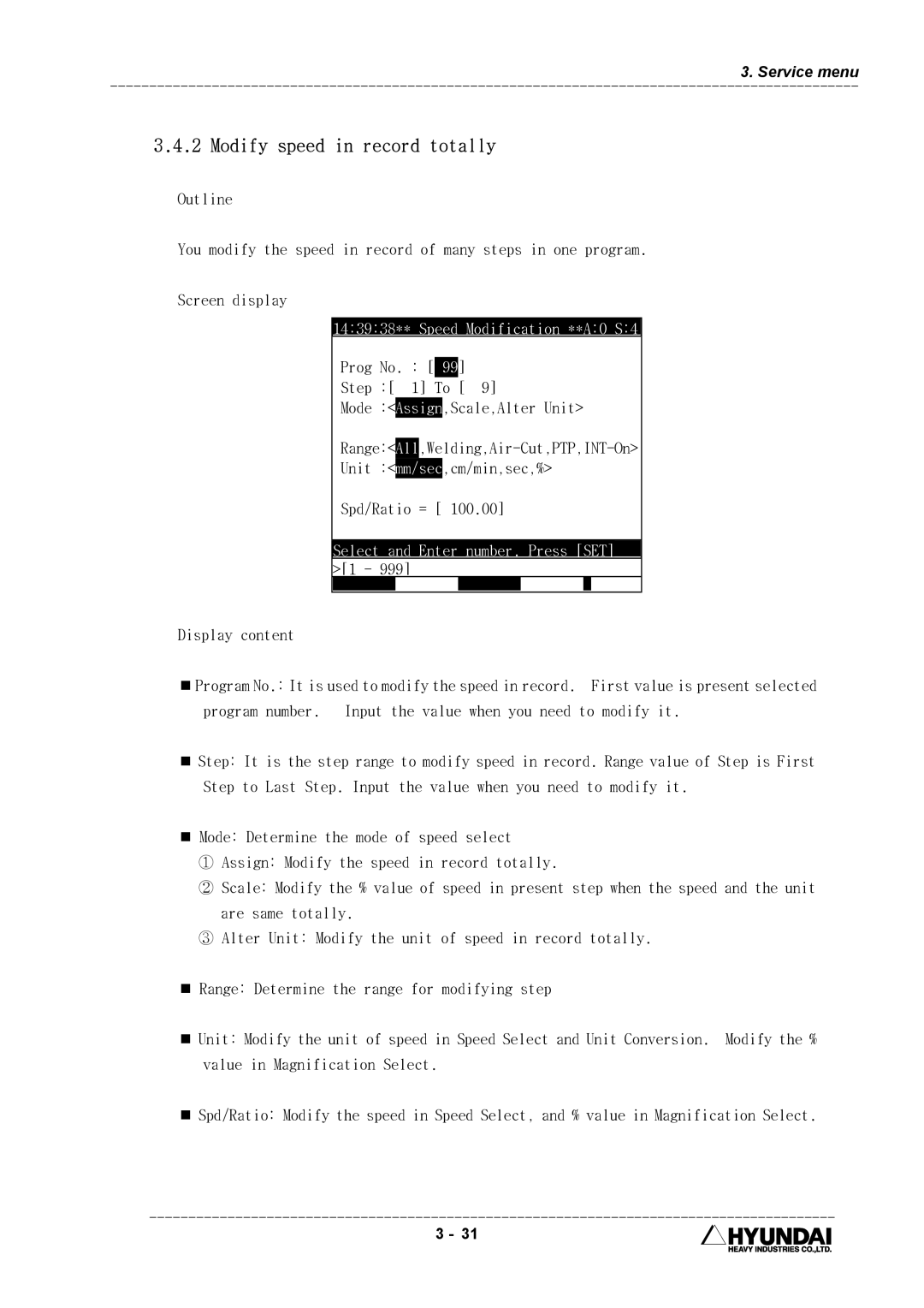 Hyundai HI4 operation manual Modify speed in record totally, 143938** Speed Modification **A0 S4 