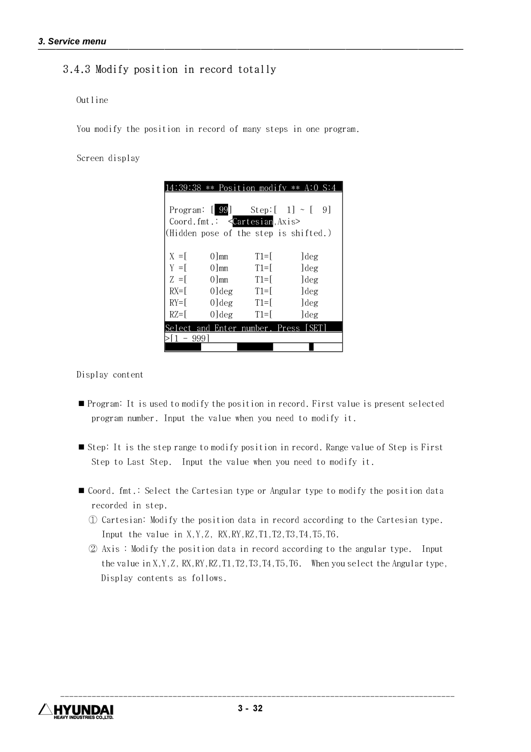 Hyundai HI4 operation manual Modify position in record totally, 143938 ** Position modify ** A0 S4 