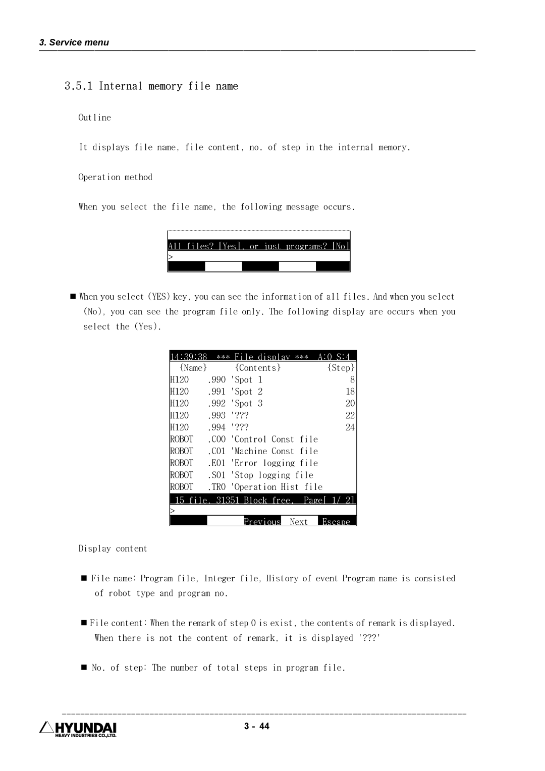 Hyundai HI4 Internal memory file name, All files? Yes, or just programs? No, File display A0 S4, File, 31351 Block free 