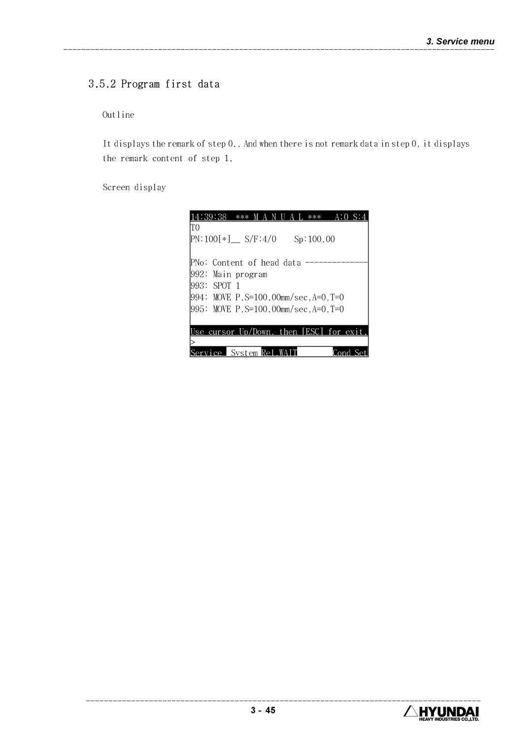 Hyundai HI4 operation manual Program first data, PN100* S/F4/0 