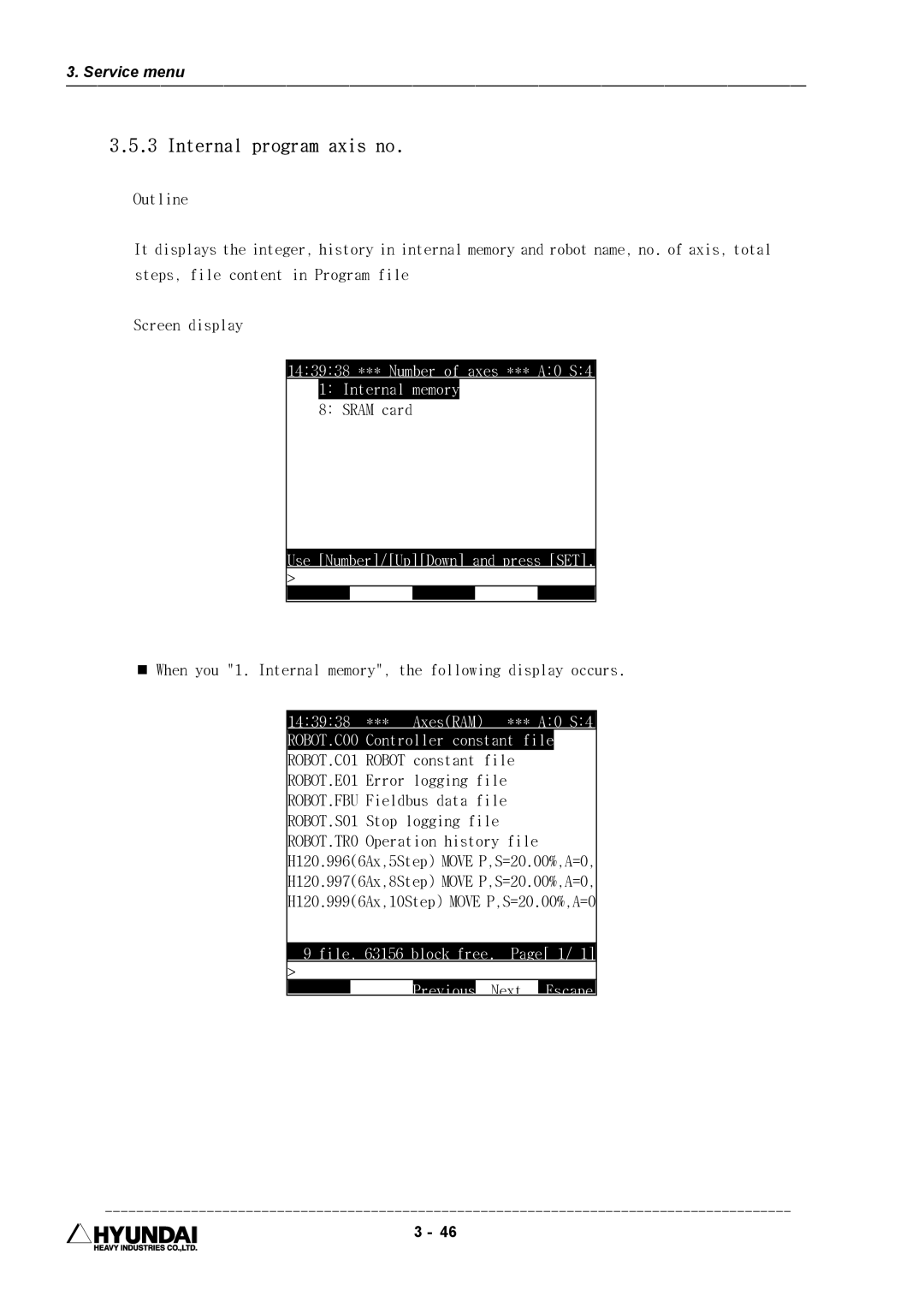 Hyundai HI4 Internal program axis no, 143938 *** Number of axes *** A0 S4 Internal memory, File, 63156 block free. Page 1 