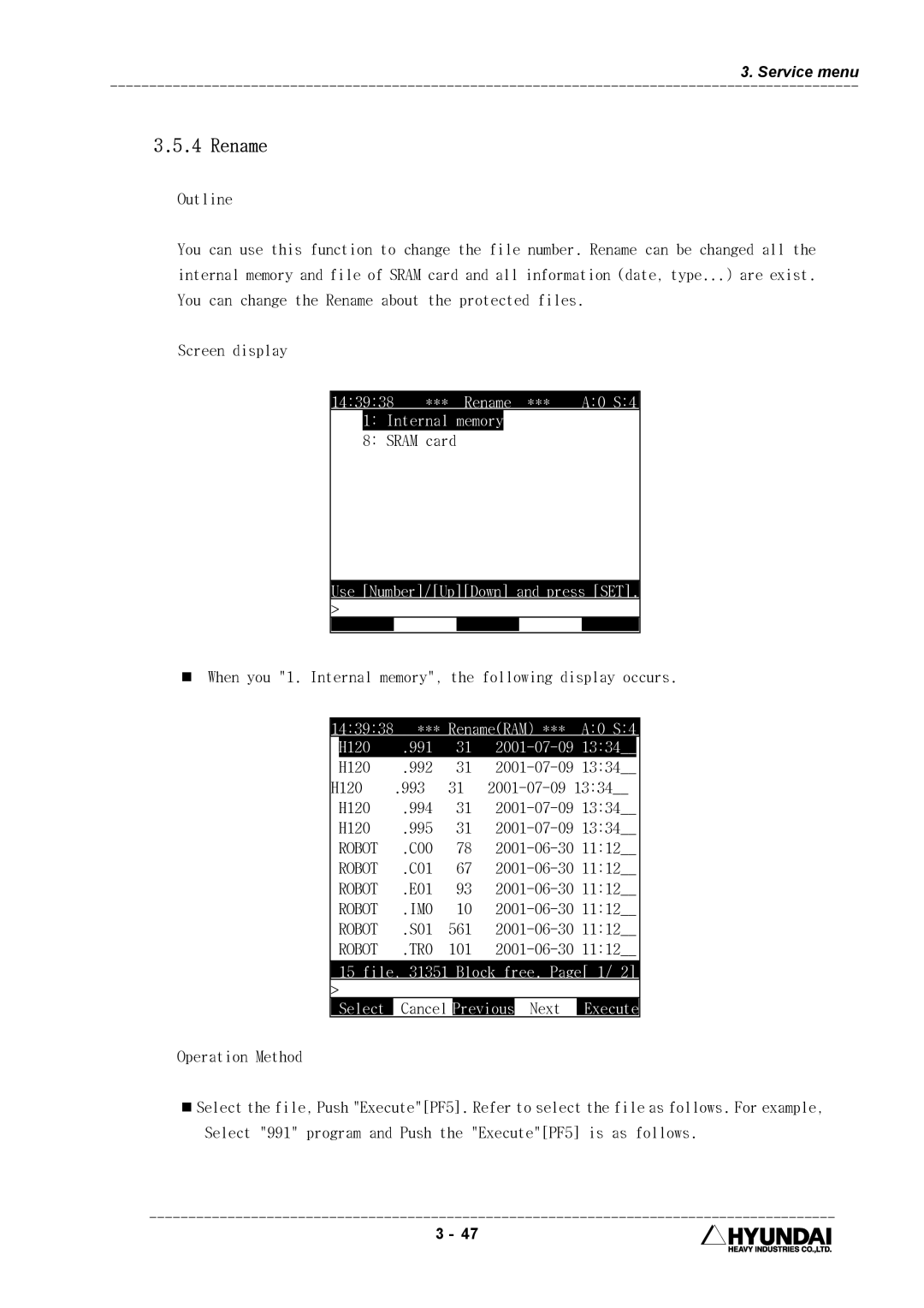 Hyundai HI4 operation manual Internal memory, 143938 *** RenameRAM *** A0 S4 H120 .991 31 2001-07-09 