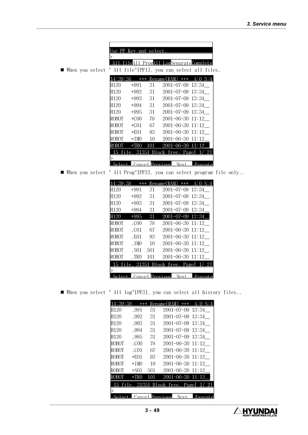 Hyundai HI4 operation manual Use PF Key and select, 143938 *** RenameRAM *** A0 S4, H120 *995 31 2001-07-09 