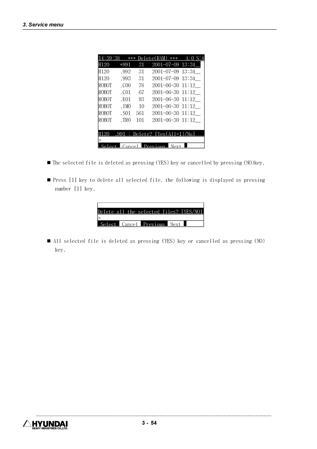 Hyundai HI4 operation manual H120 .991 Delete? YesAll=1/No 