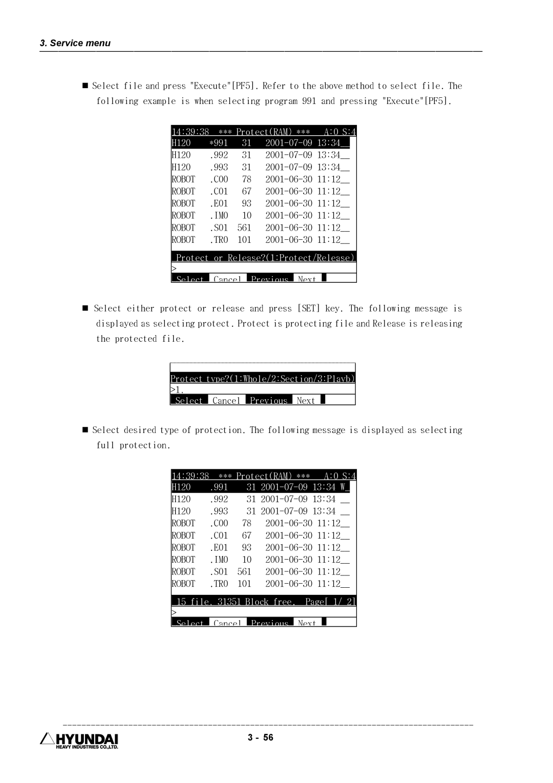 Hyundai HI4 operation manual Protect or Release?1Protect/Release, File, 31351 Block free. Page 1 