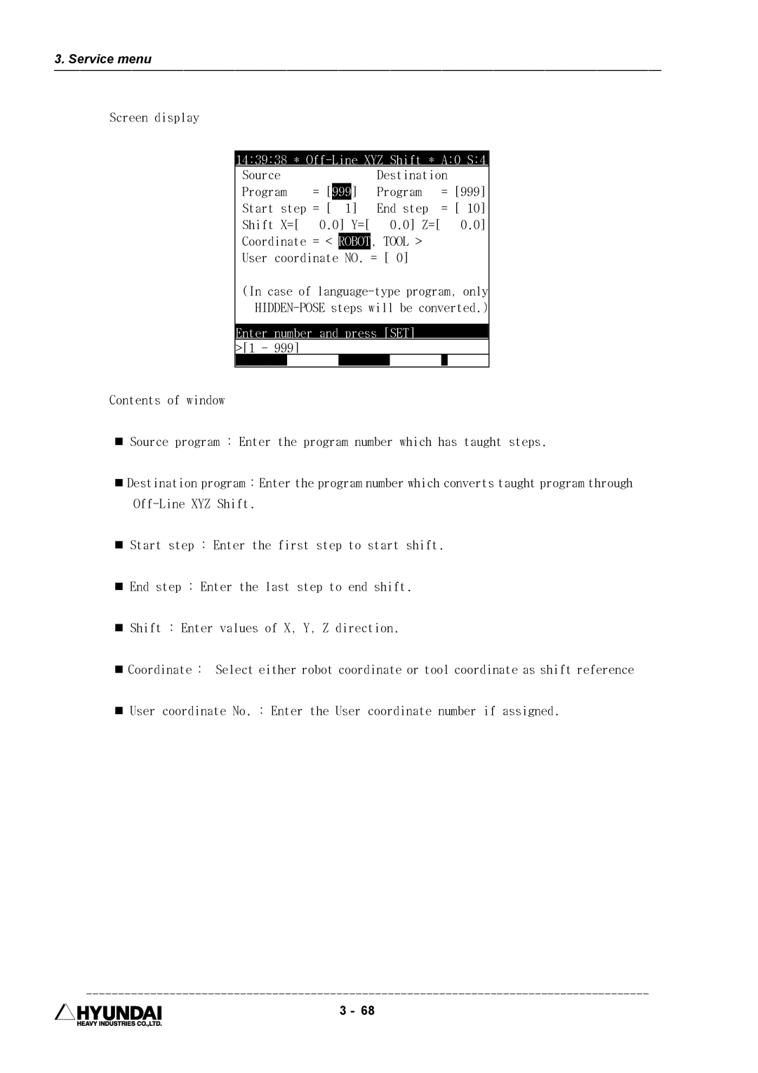 Hyundai HI4 operation manual 143938 * Off-Line XYZ Shift * A0 S4, Enter number and press SET 