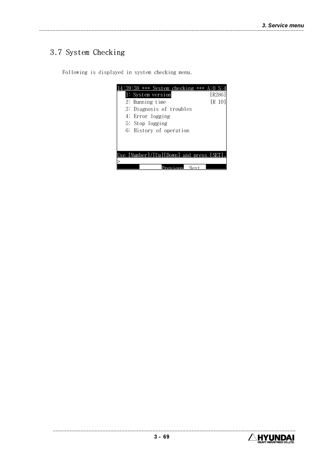 Hyundai HI4 System Checking, Following is displayed in system checking menu, 143938 *** System checking *** A0 S4 