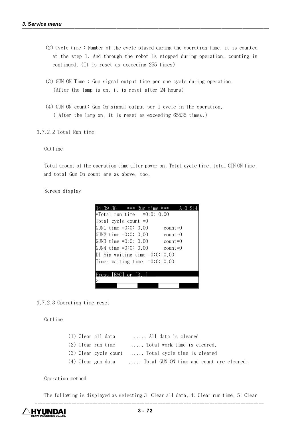 Hyundai HI4 operation manual Run time 