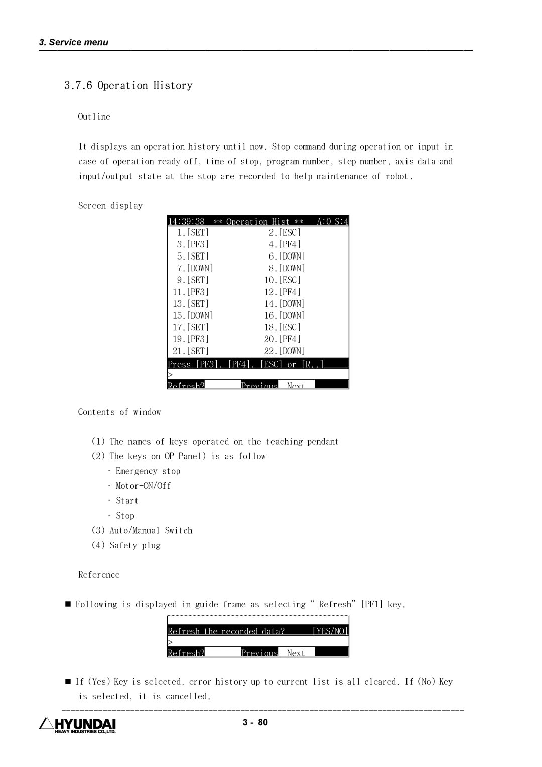 Hyundai HI4 Operation History, 143938 ** Operation Hist ** A0 S4, Press PF3, PF4, ESC or R, Refresh? Previous Next 