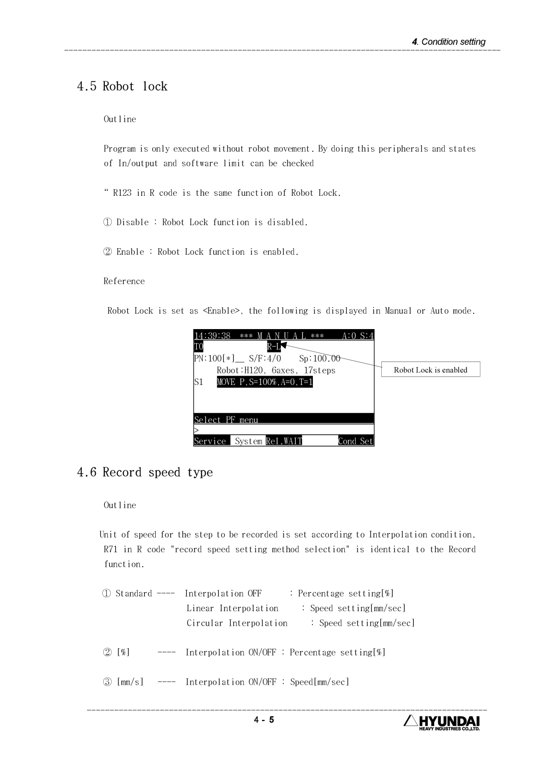 Hyundai HI4 operation manual Robot lock, Record speed type, N U a L, Sp100.00, Select PF menu Service System 
