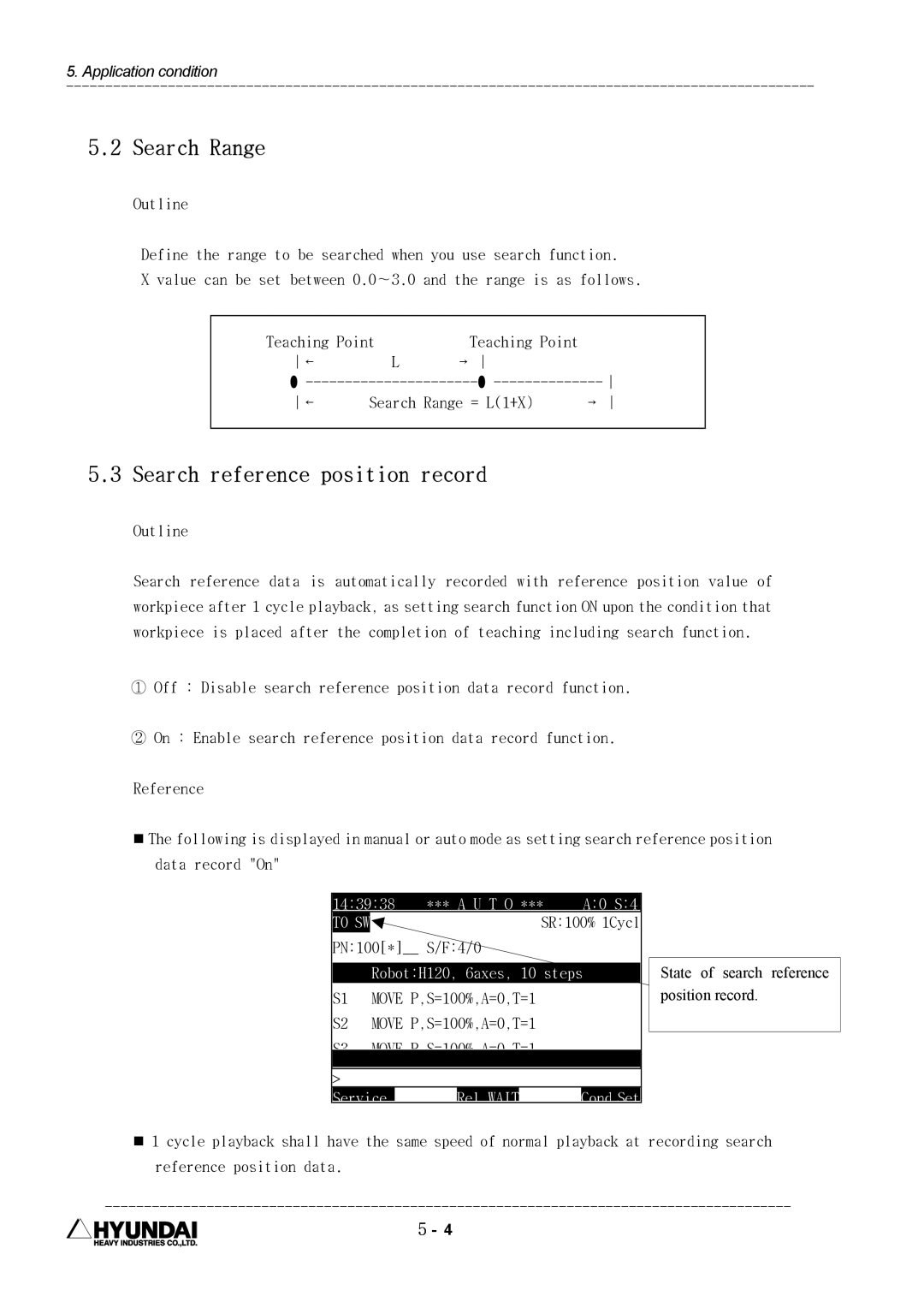 Hyundai HI4 operation manual Search Range, Search reference position record, Move P S=100% A=0 T=1, Service Rel Wait 