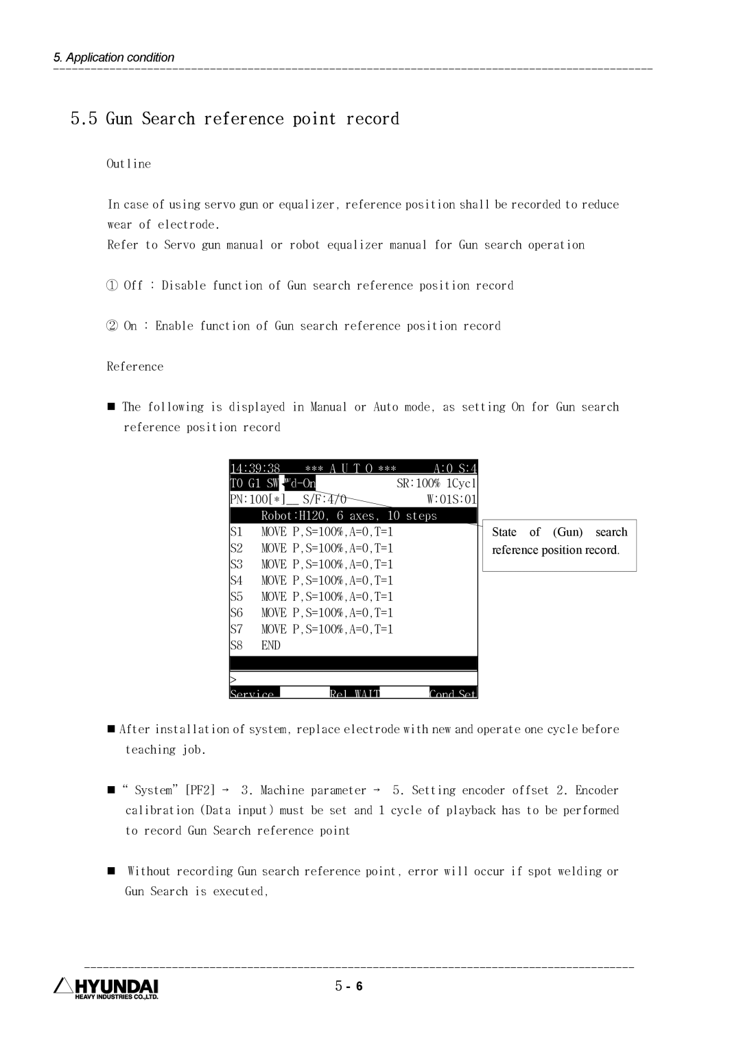 Hyundai HI4 Gun Search reference point record, 143938, G1 SW Wd-On, RobotH120, 6 axes, 10 steps, Service Rel Wait Cond Set 