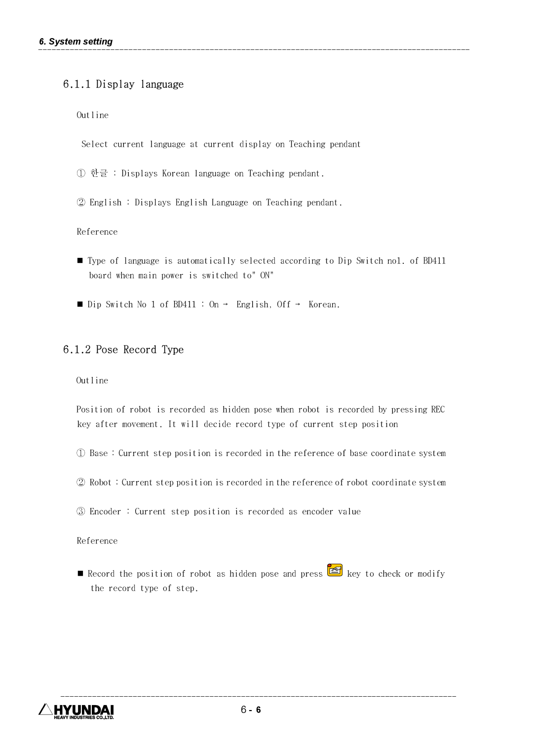 Hyundai HI4 operation manual Display language, Pose Record Type 