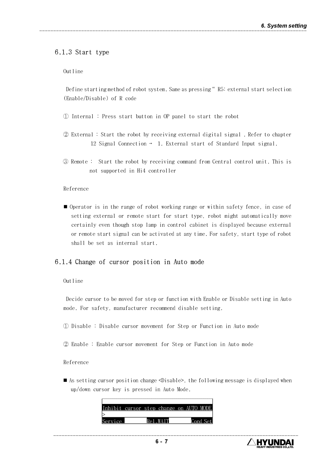 Hyundai HI4 operation manual Start type, Change of cursor position in Auto mode, Service Rel.WAIT 