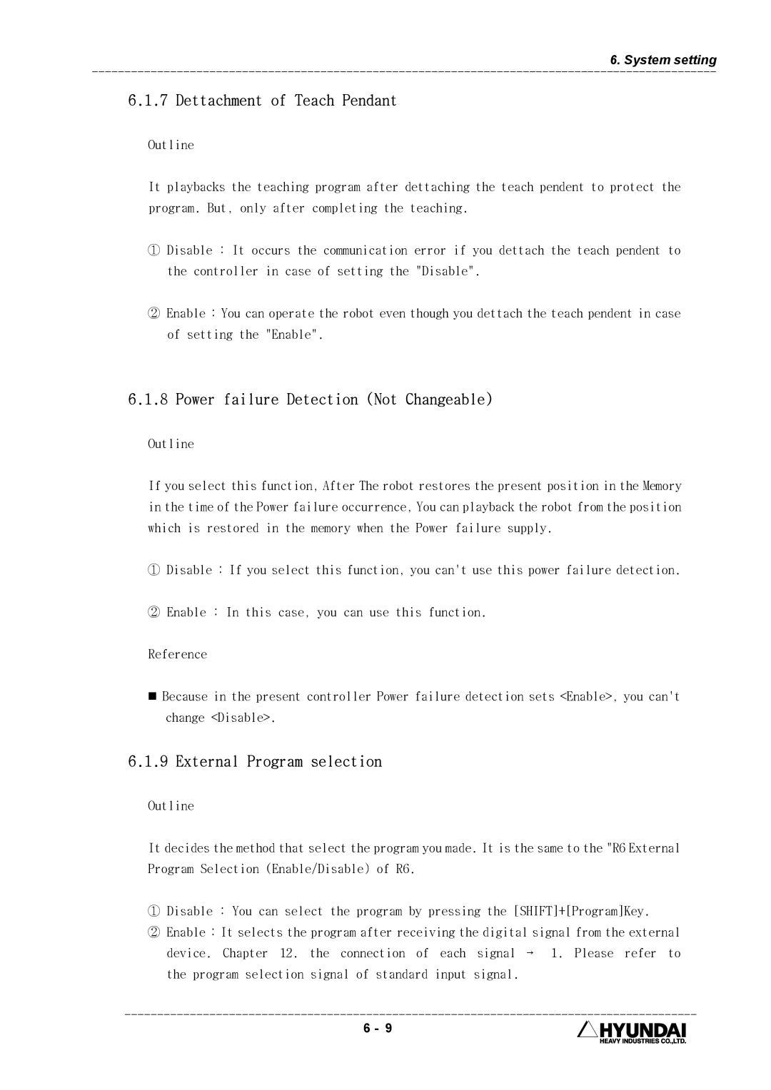Hyundai HI4 Dettachment of Teach Pendant, Power failure Detection Not Changeable, External Program selection 