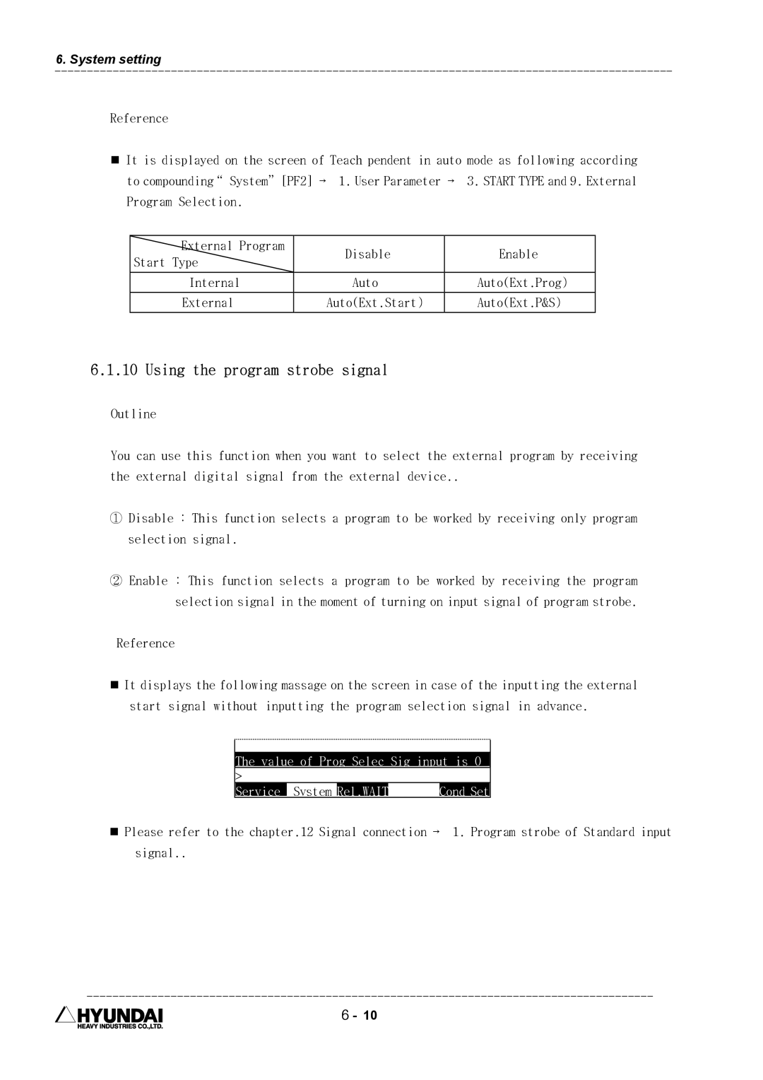 Hyundai HI4 operation manual Using the program strobe signal, Value of Prog Selec Sig input is Service System 