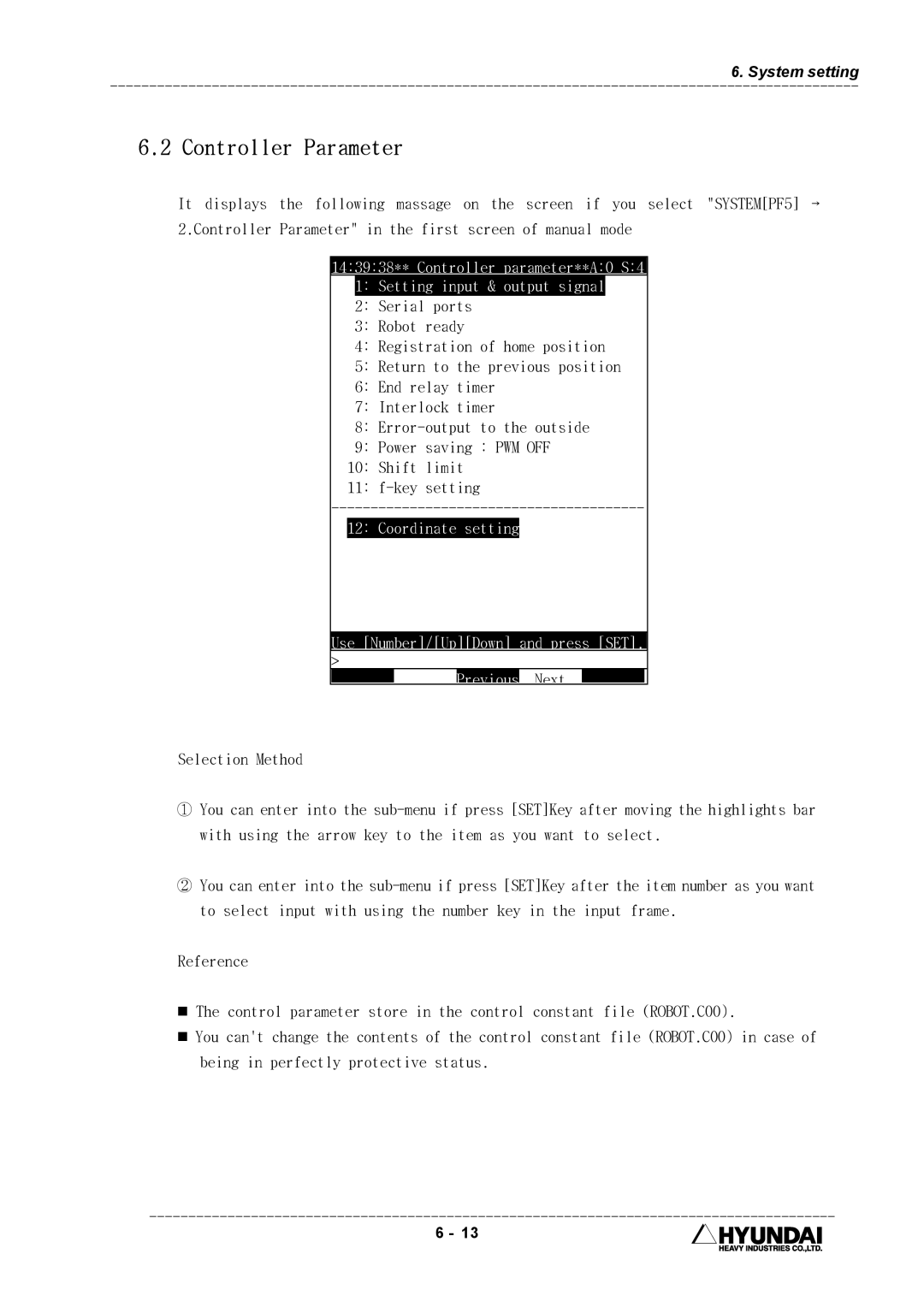 Hyundai HI4 operation manual Controller Parameter, Coordinate setting Use Number/UpDown and press SET 