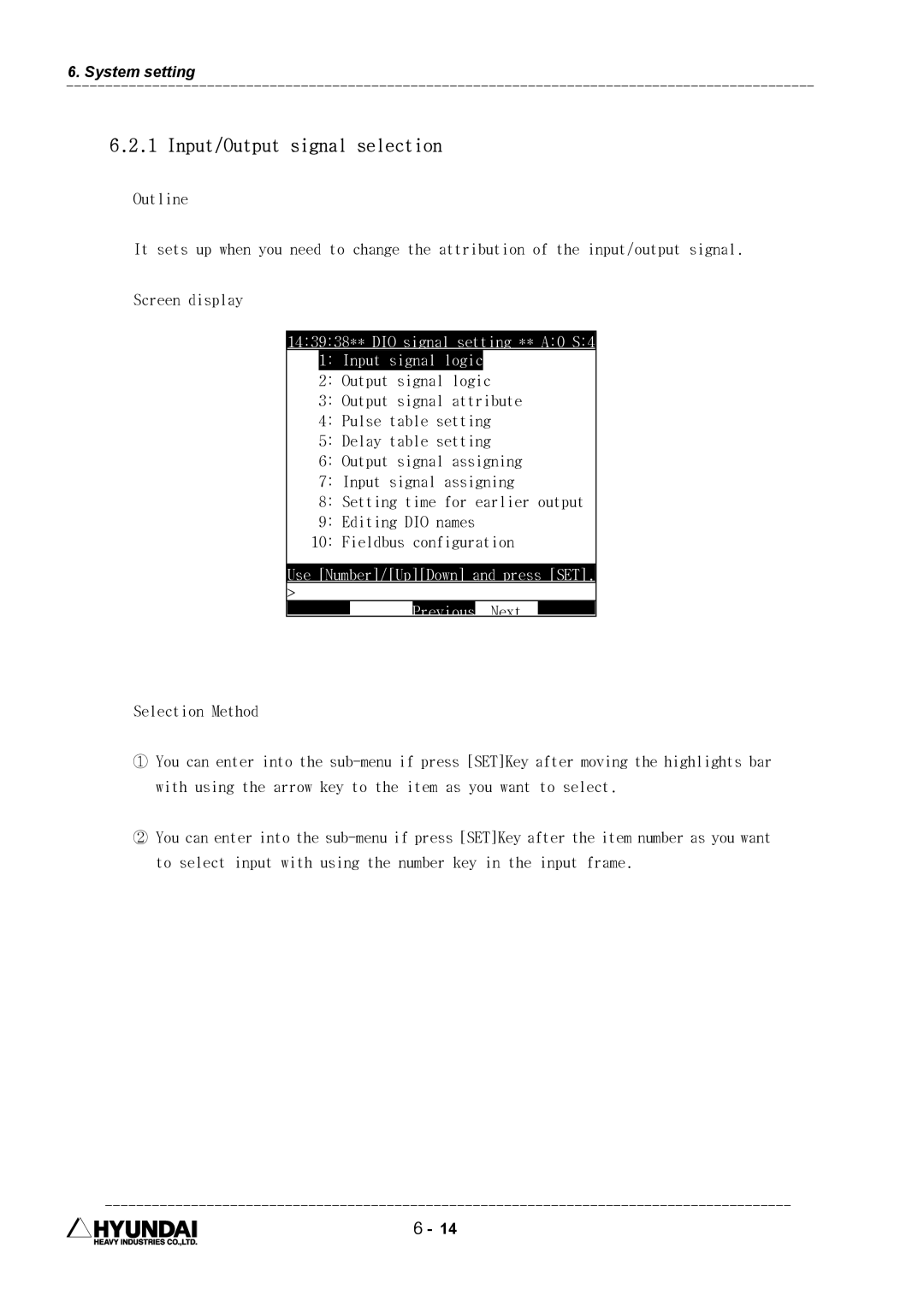 Hyundai HI4 operation manual Input/Output signal selection, 143938** DIO signal setting ** A0 S4 Input signal logic 