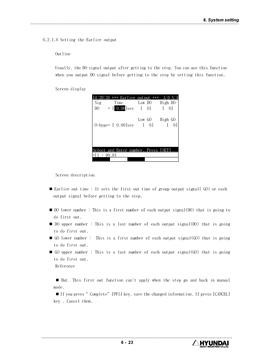 Hyundai HI4 operation manual Setting the Earlier output Outline, Sig Time, High do, Sec Low GO High, 00sec 