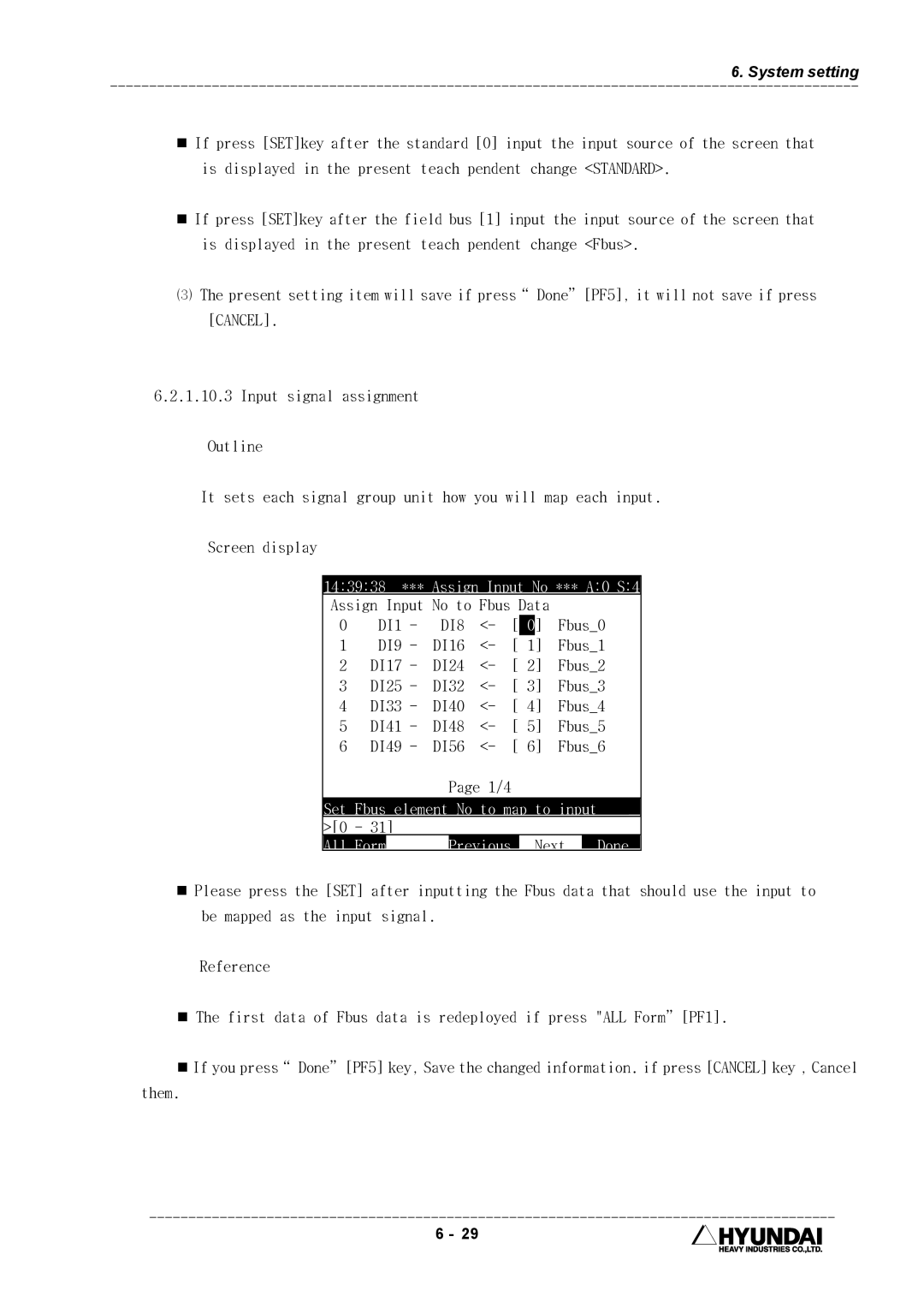 Hyundai HI4 operation manual 143938 *** Assign Input No *** A0 S4, DI1, DI9, Previous Next Done 