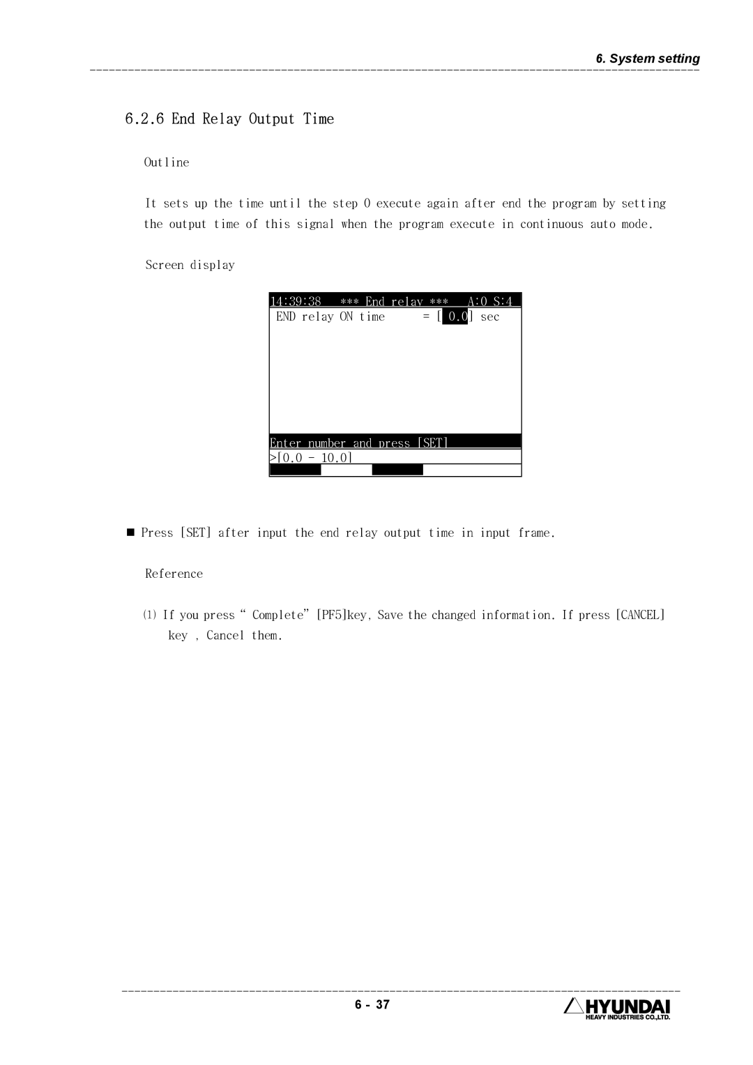 Hyundai HI4 operation manual End Relay Output Time, Sec 