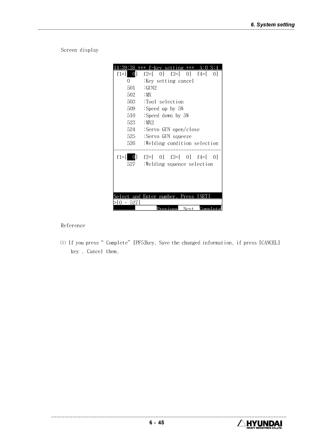 Hyundai HI4 operation manual 143938 *** f-key setting *** A0 S4, F2= F3= 0 f4= 527 