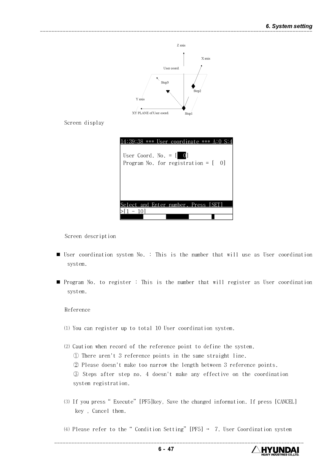 Hyundai HI4 operation manual 143938 *** User coordinate *** A0 S4, Select and Enter number. Press SET 