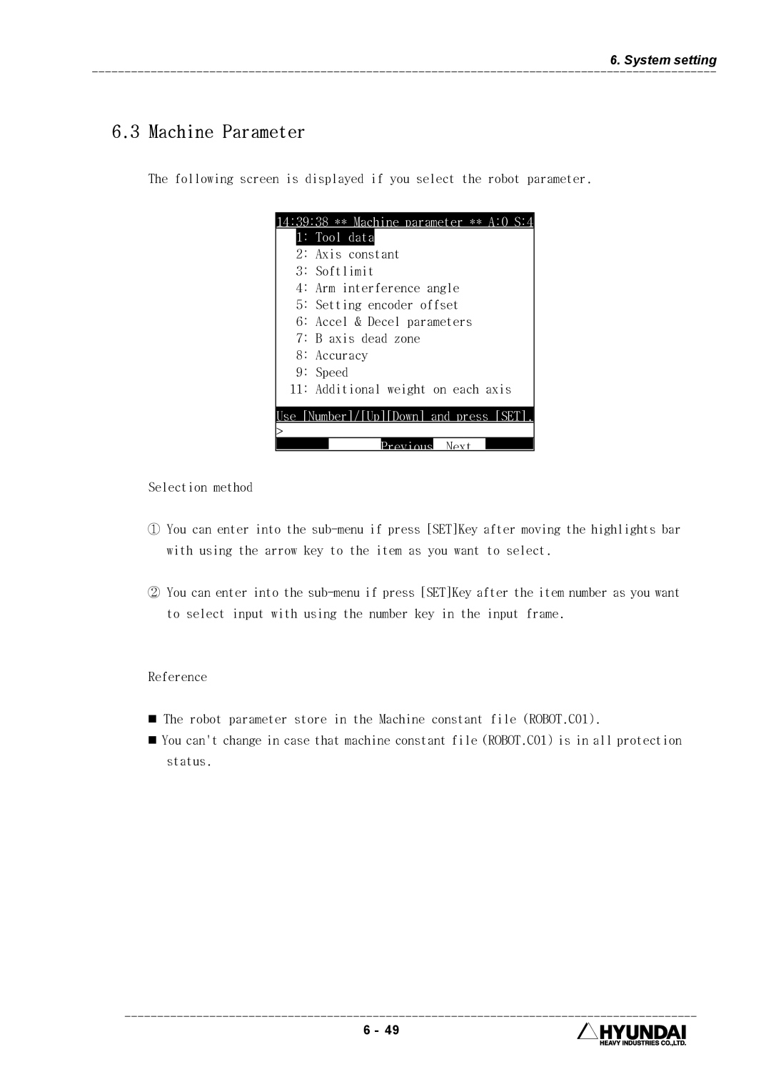 Hyundai HI4 operation manual Machine Parameter, 143938 ** Machine parameter ** A0 S4 Tool data 