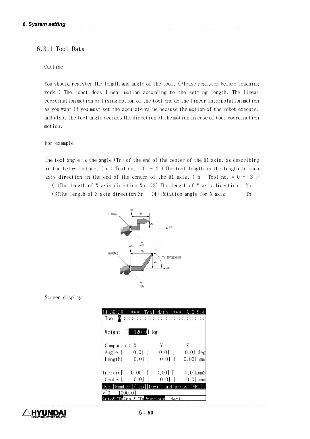 Hyundai HI4 operation manual Tool Data, Tool Weight, Component 