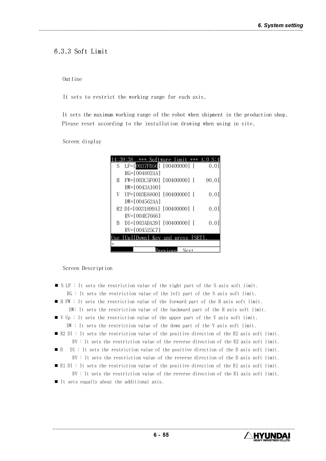 Hyundai HI4 operation manual Soft Limit, 143938 *** Software limit *** A0 S4, Use UpDown Key and press SET Previous Next 