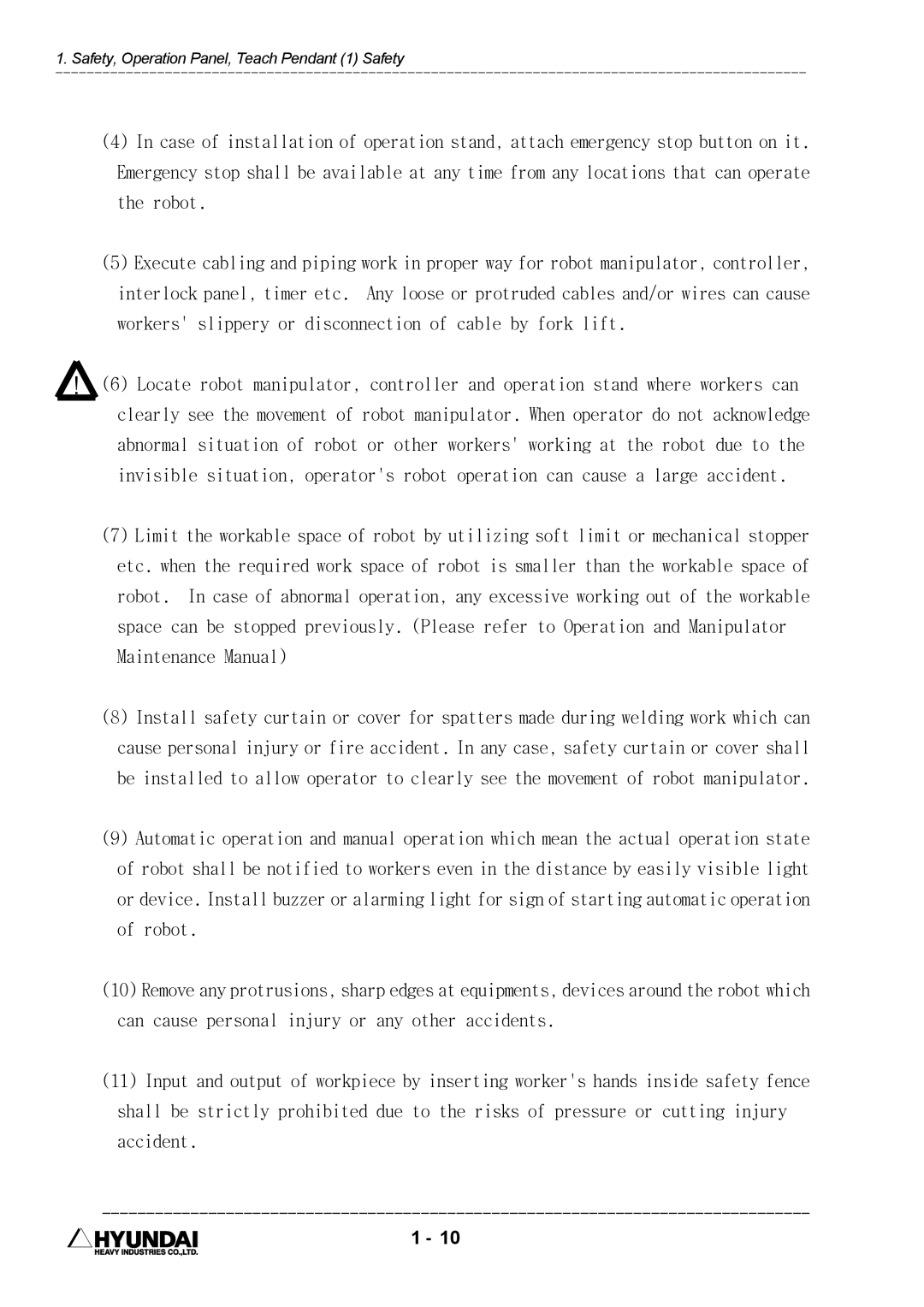 Hyundai HI4 operation manual Safety, Operation Panel, Teach Pendant 1 Safety 