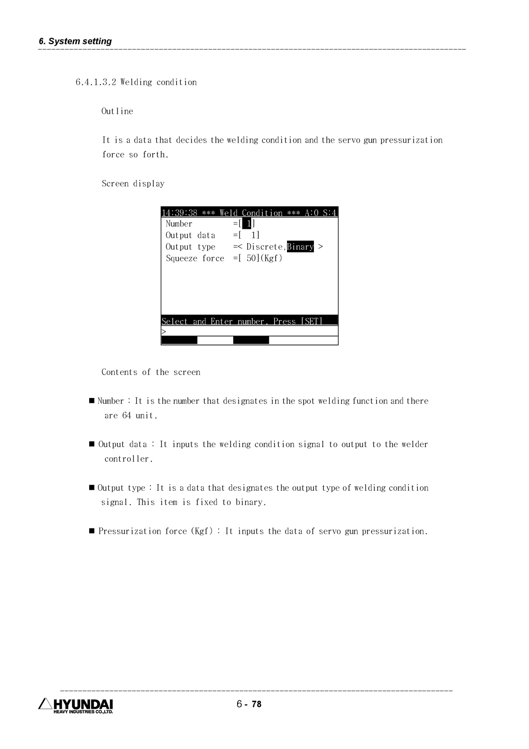 Hyundai HI4 operation manual Number Output data Output type, Force 50Kgf 