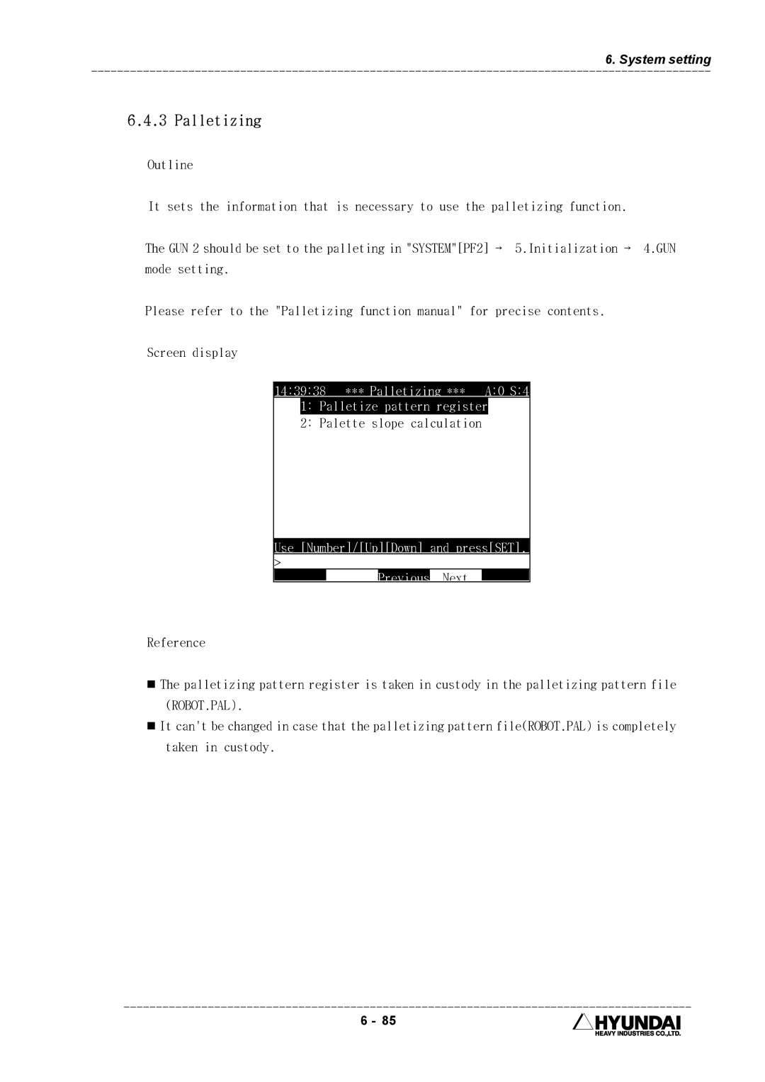 Hyundai HI4 operation manual 143938 *** Palletizing *** A0 S4 Palletize pattern register, Palette slope calculation 