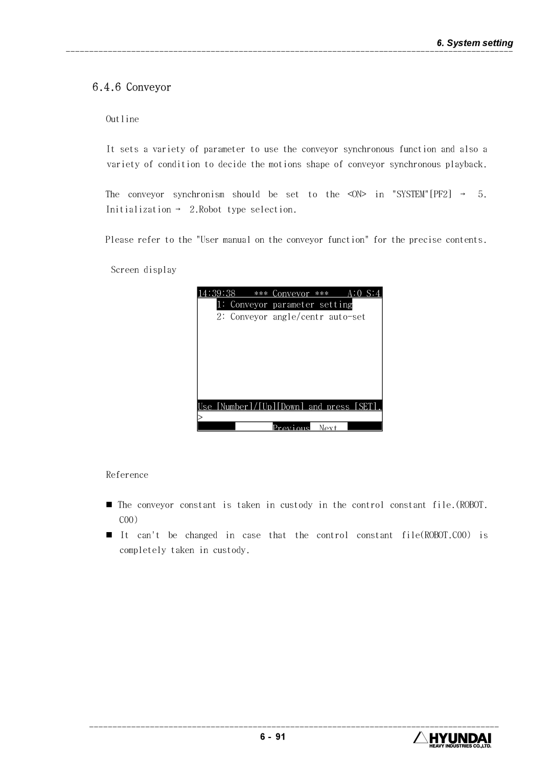 Hyundai HI4 operation manual Conveyor parameter setting, Conveyor angle/centr auto-set 