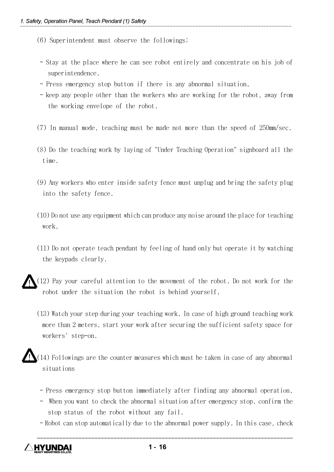 Hyundai HI4 operation manual Safety, Operation Panel, Teach Pendant 1 Safety 