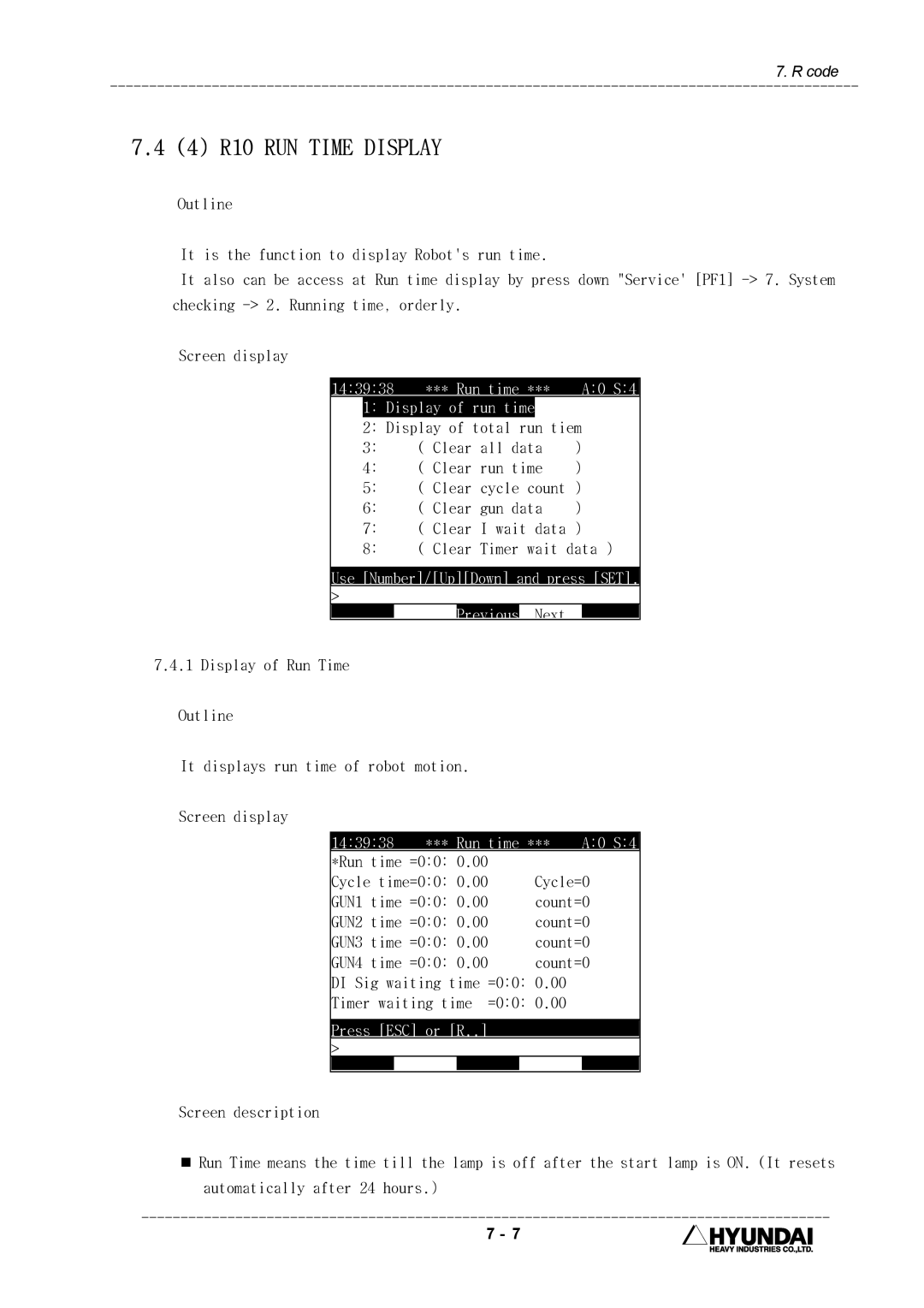 Hyundai HI4 operation manual 4 R10 RUN Time Display, Display of total run tiem 