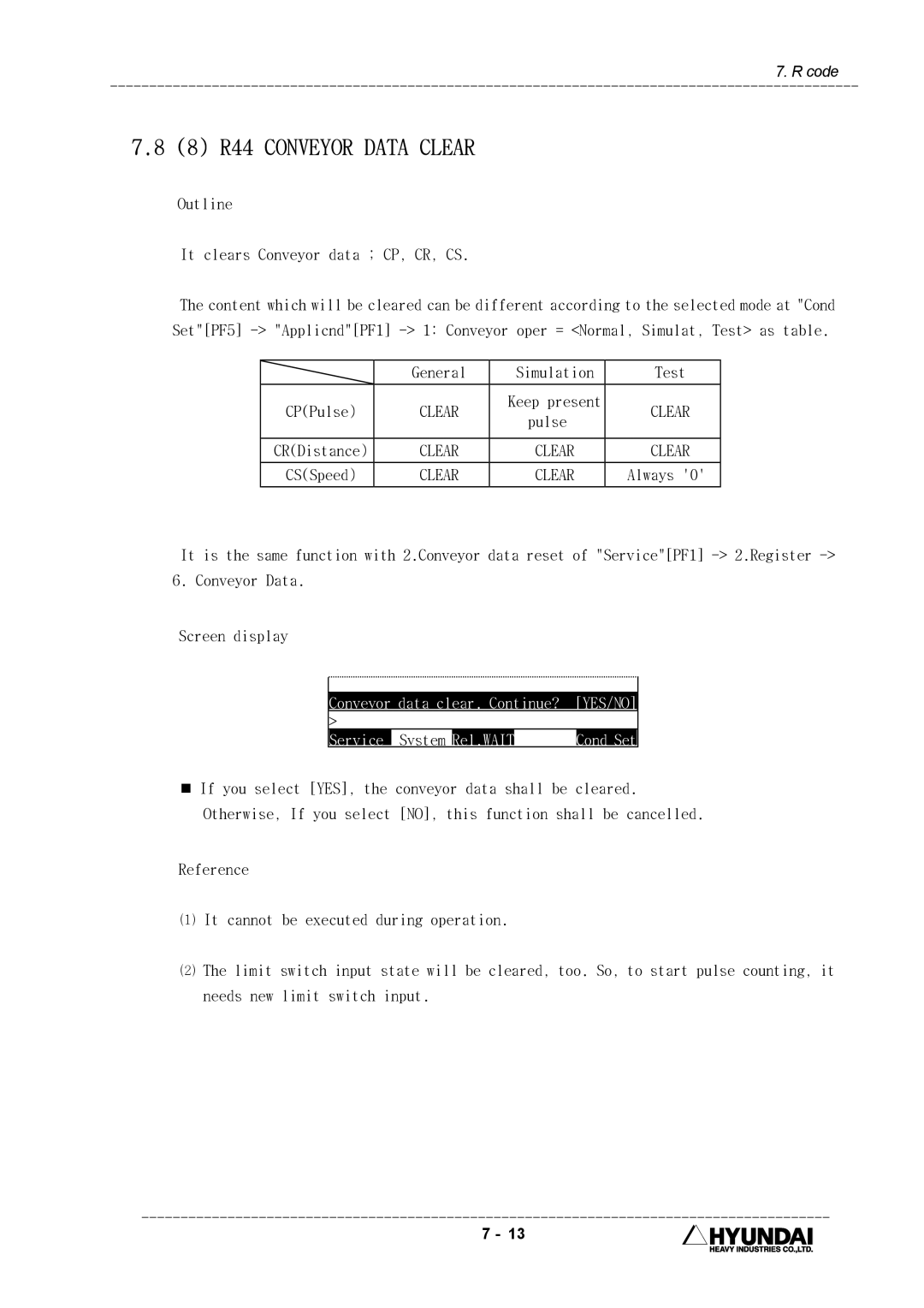 Hyundai HI4 operation manual 8 R44 Conveyor Data Clear 