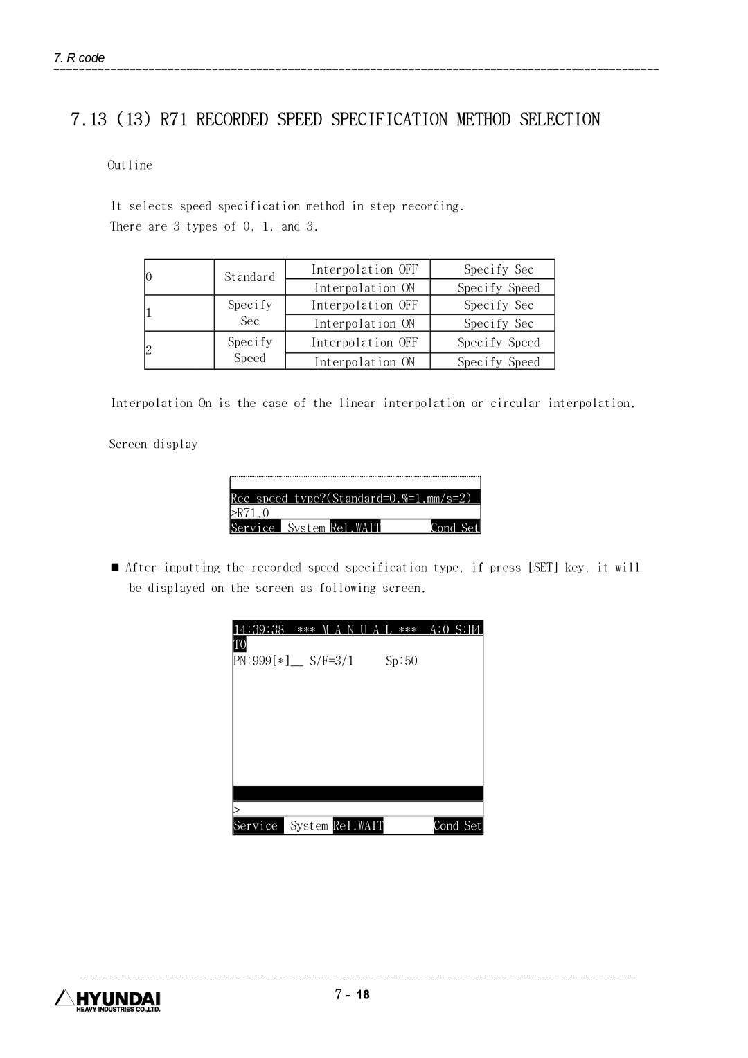 Hyundai HI4 13 13 R71 Recorded Speed Specification Method Selection, Specify Sec, Rec speed type?Standard=0,%=1,mm/s=2 